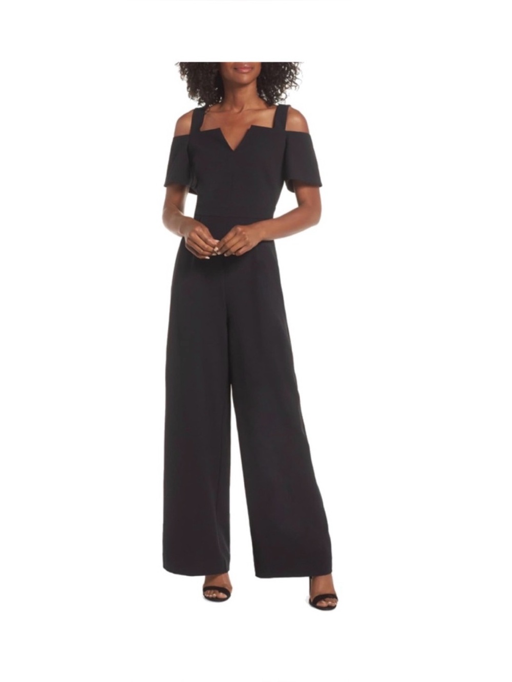 Eliza J Black Off-Shoulder Wide-Leg Jumpsuit with Strap Detail